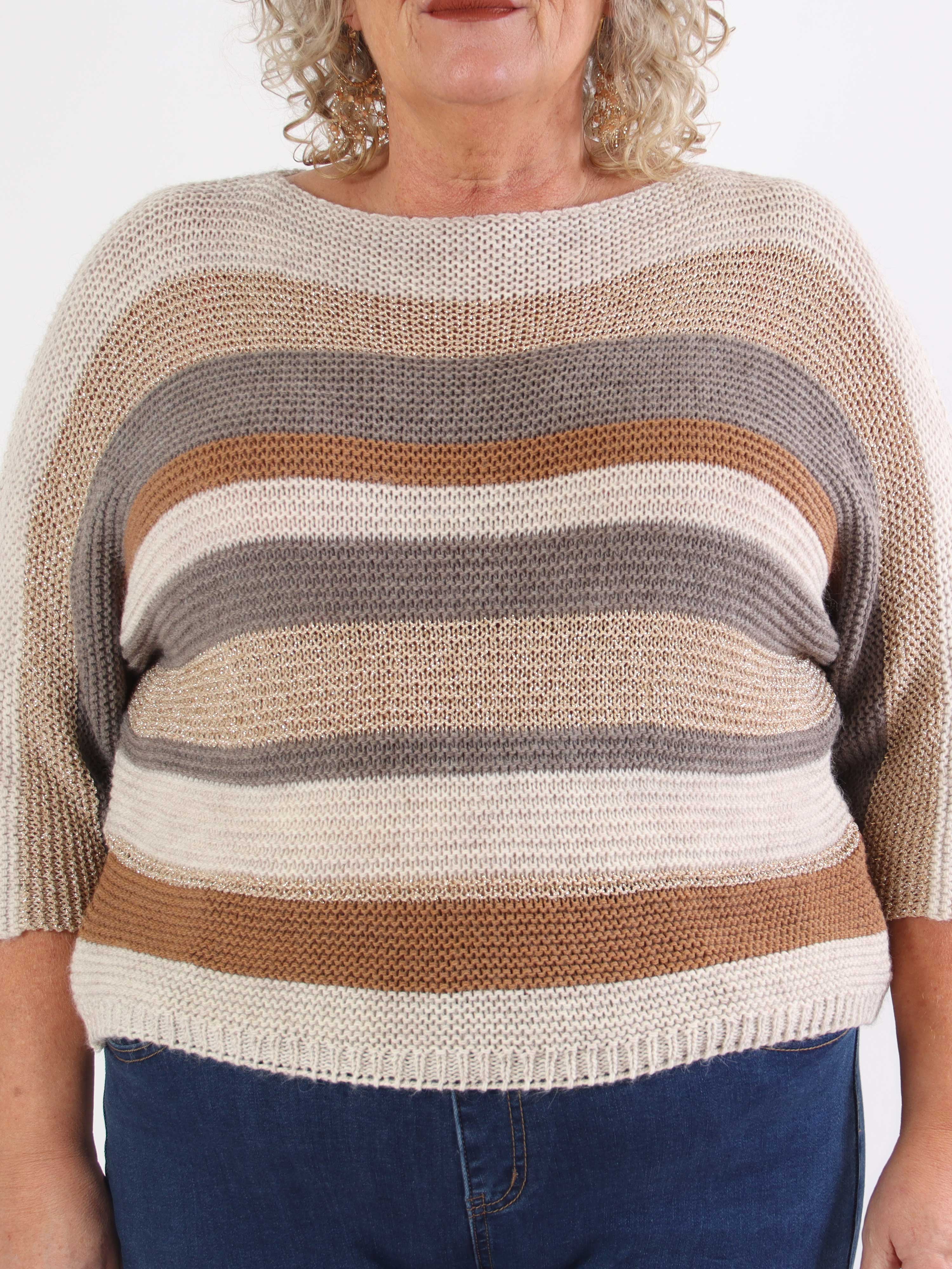 Nina - Stickad blus i plus size med ull- och guldränder